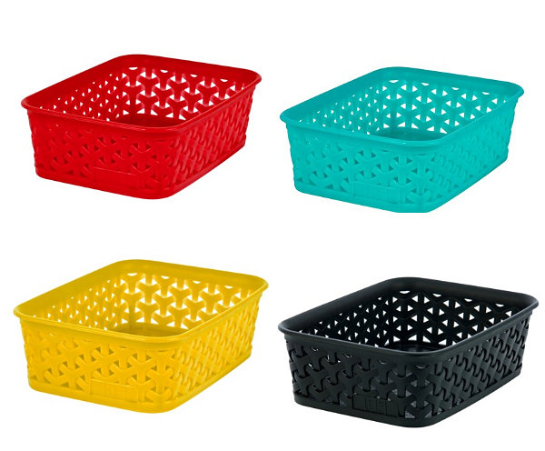 black plastic storage baskets