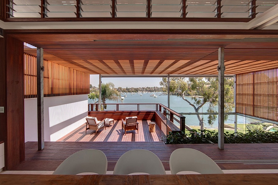 Wooden deck area with stunning harbor views