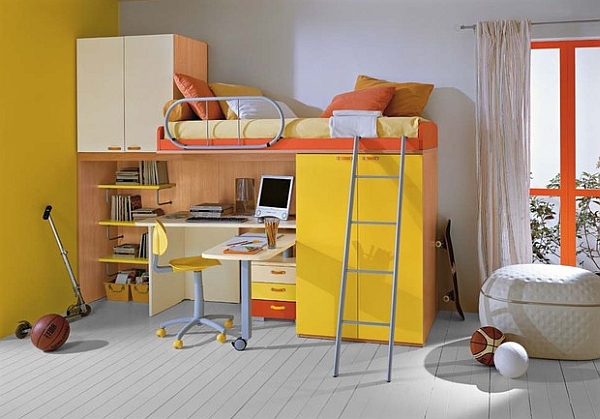 Yellow loft bed and desk combo enlivens the room