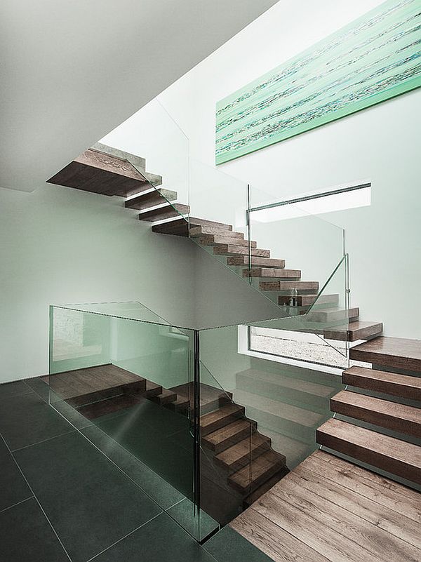 gray tile staircase landing