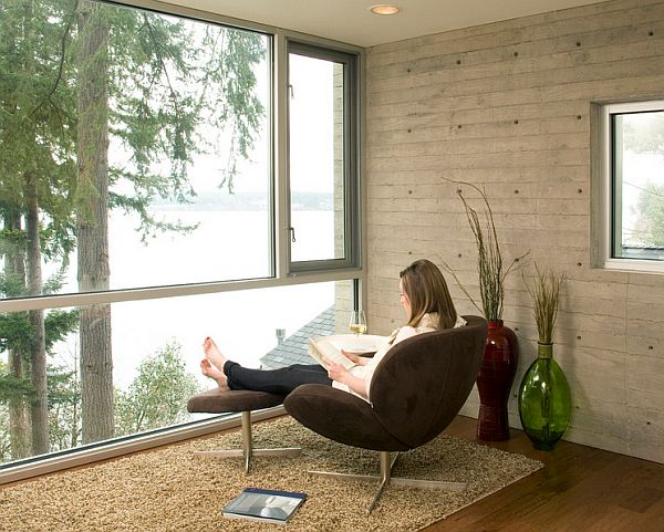 lounge area with concrete walls