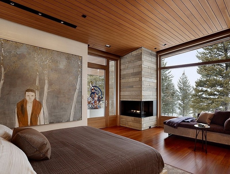 mountain house - bedroom with fireplace