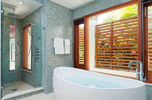 wall tiles and wood in bathroom