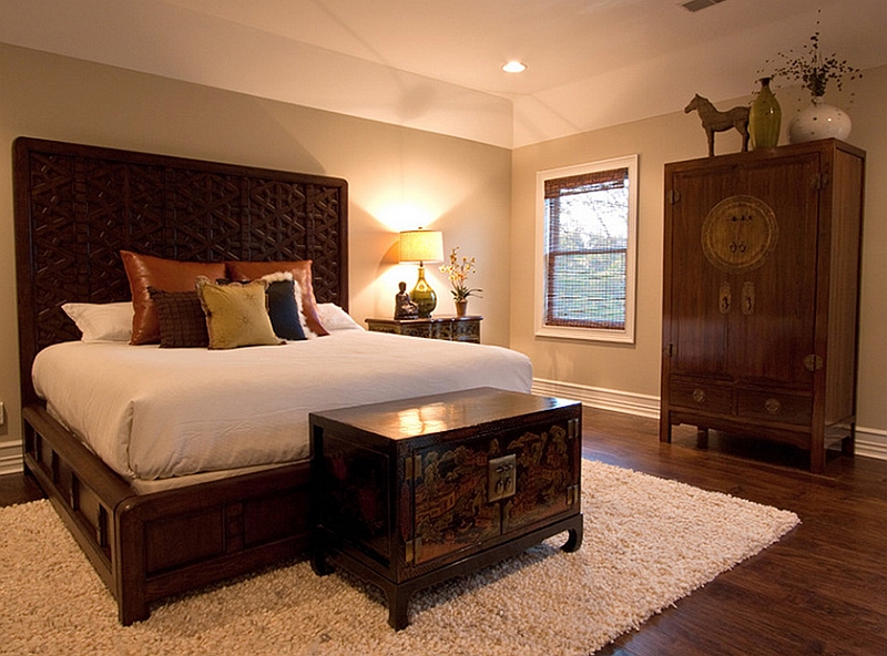 Asian Fusion style accentuated by the Ming cabinet at the foot of the bed