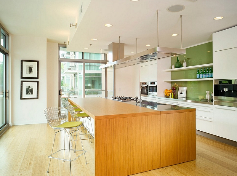 Back-painted glass backsplash is easy to maintain and clean