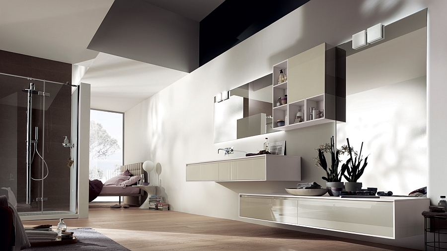 Beautiful minimalist bathroom with loveley white wall-mount vanity