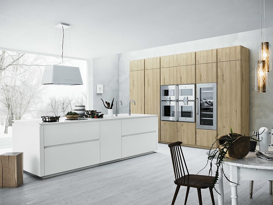 Beautiful white kitchen island and oak shelves