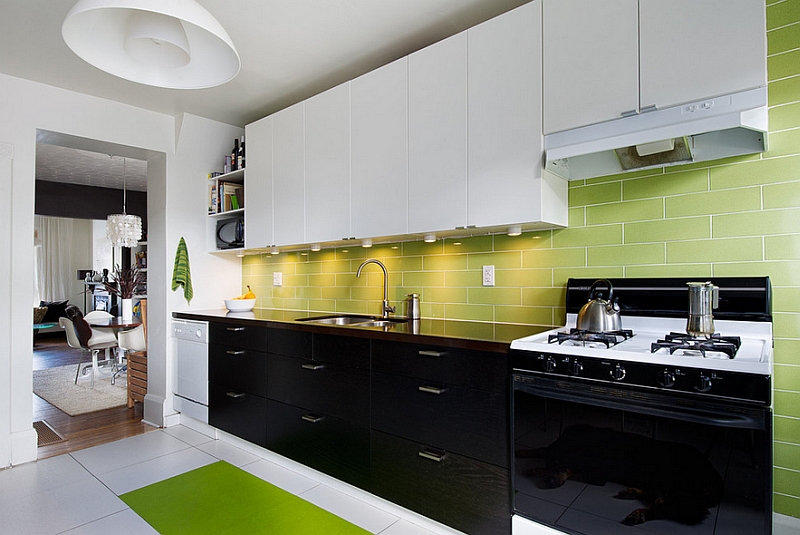 Black, white and green kitchen