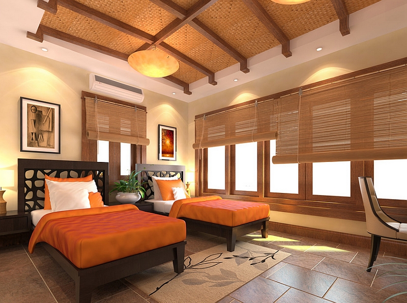 Bright orange and cool bamboo blinds offer wonderful contrast