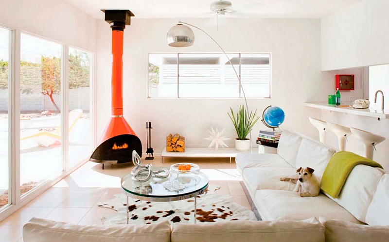 Bright orange retro fireplace in living room