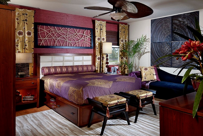 Brilliant Asian-inspired bedroom in rich purple and gold