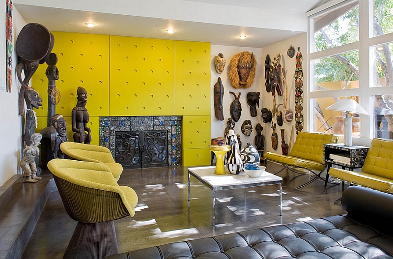 Colorful living room with twin Platner Lounge Chairs in bright yellow