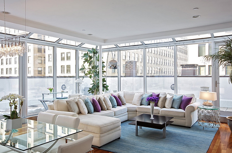 Contemporary NYC apartment living room with pastel rug