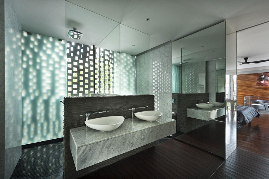 Contemporary bath with floating vanity in stone