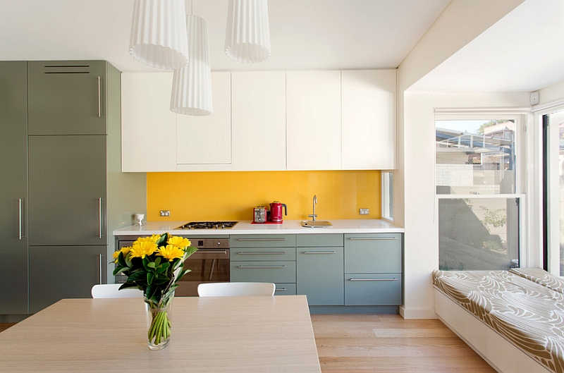 Contemporary kitchen in white, yellow and gray