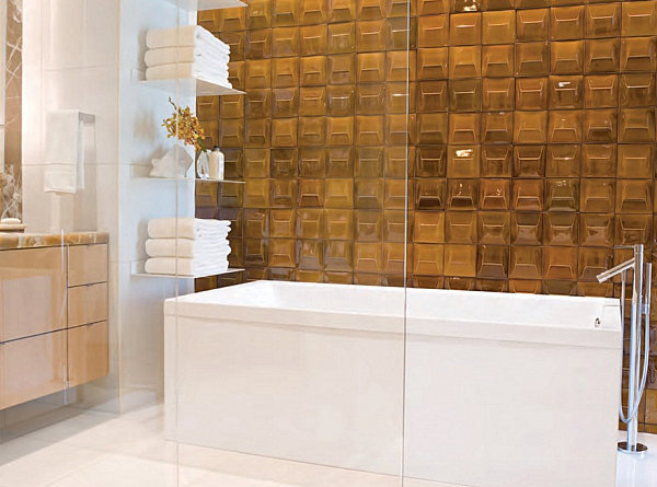 Crisp accessories in a bathroom with amber-toned tile