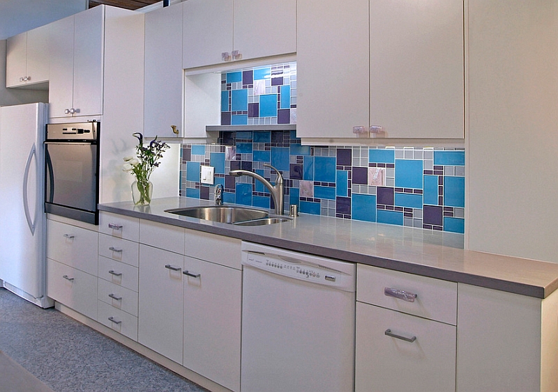 Custom design backsplash for the kitchen with glass tiles