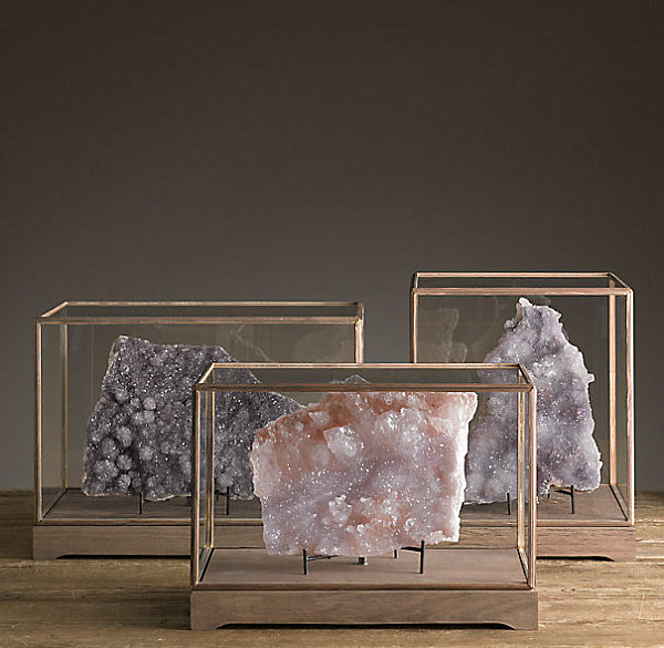 Druzy specimens in display cases from Restoration Hardware