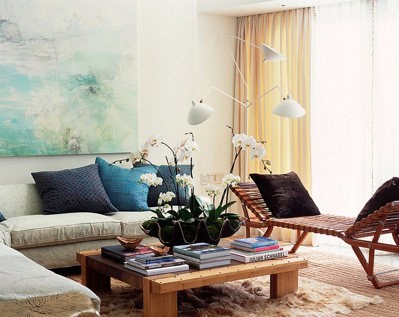 Eclectic living room with Serge Mouille floor lamp in white