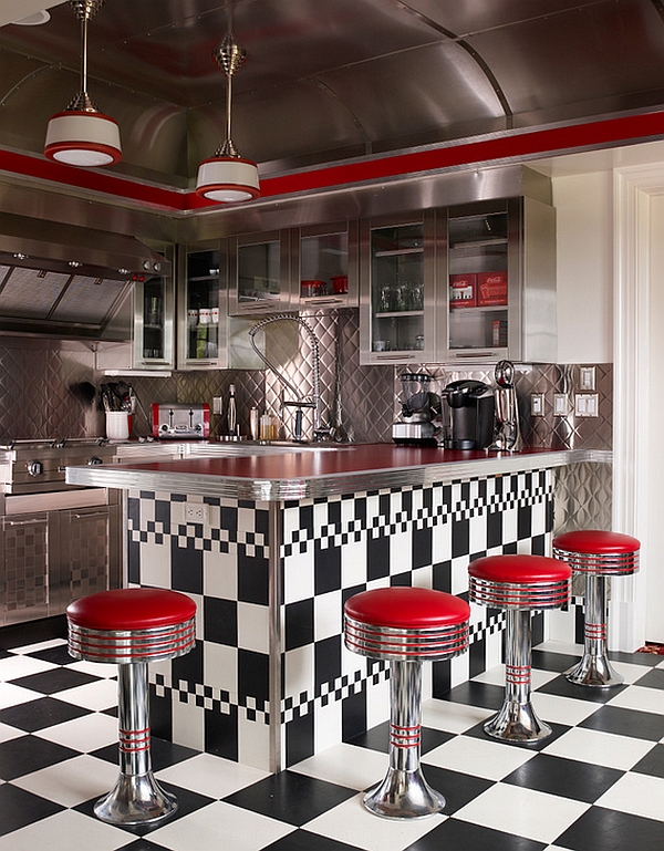 Eclectic retro kitchen with blacka nd white tiles