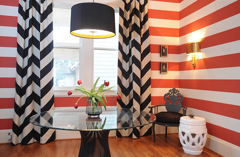 Fun dining room with chevron pattern curtains and the Platner Table