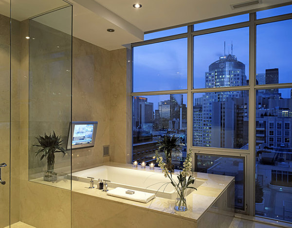 Glamorous bathroom with a skyline view