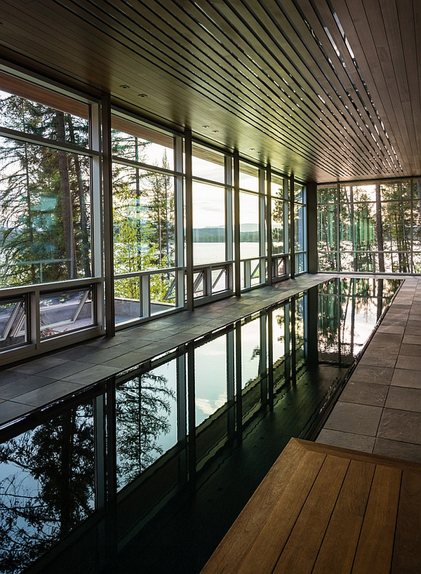 Glass windows offer lovely lake views