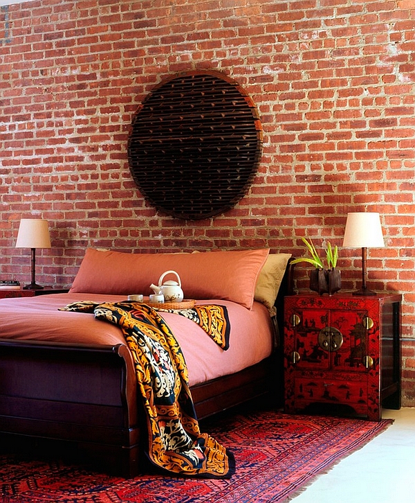 Gorgeous and eclectic Asian themed bedroom with antique decor