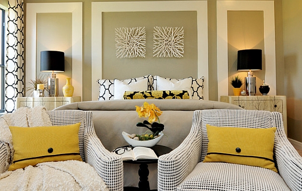 Gorgeous lamps add black and golden hues to the room