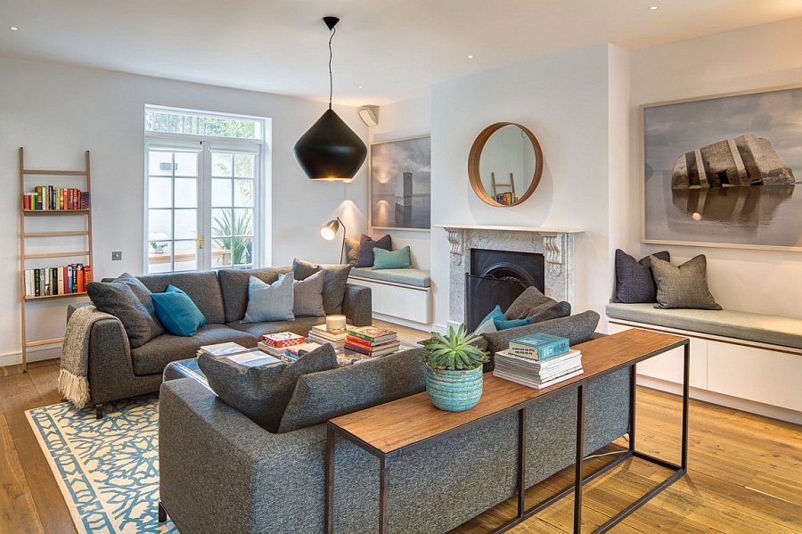 Gorgeous living room with plush sofa in gray