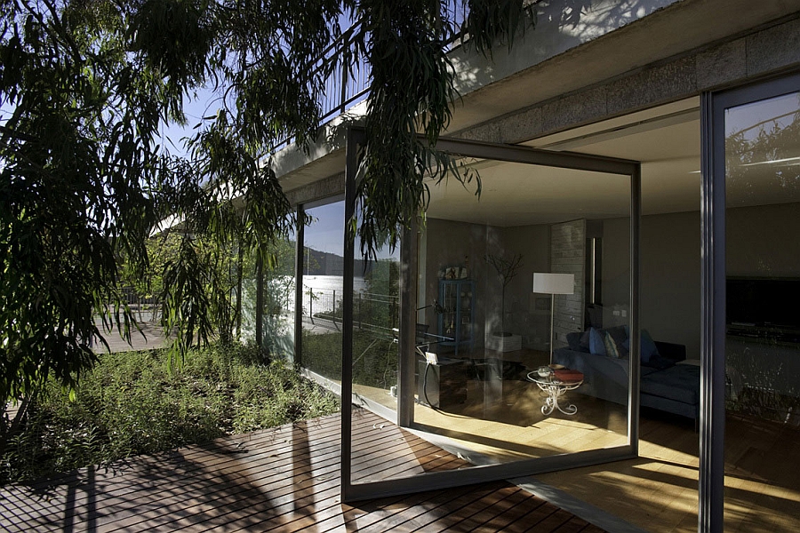 Large glass doors and walls of the Holiday House