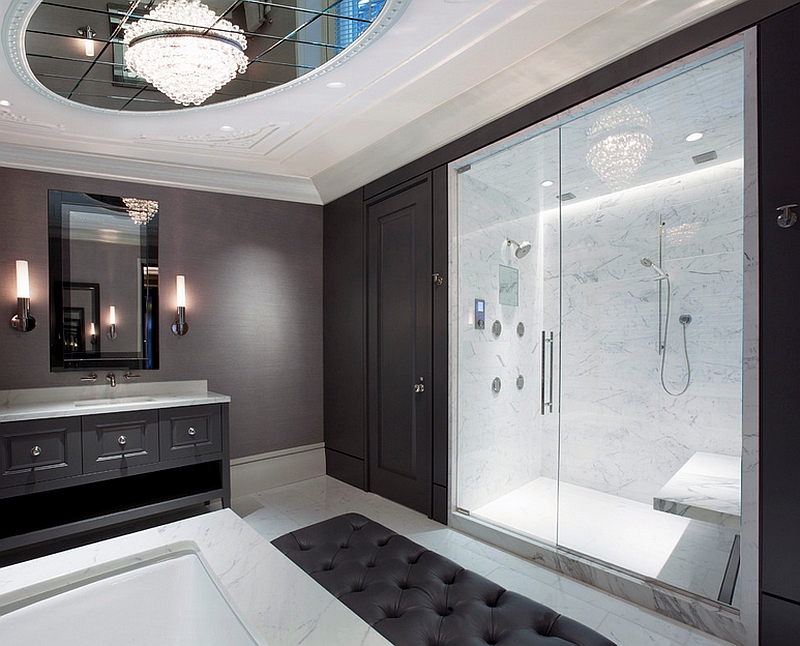 Lavish master bathroom in black, white and gray