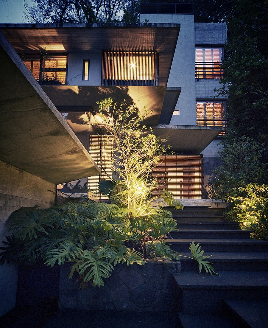 Lighted pathway leading to House Maza in Mexico