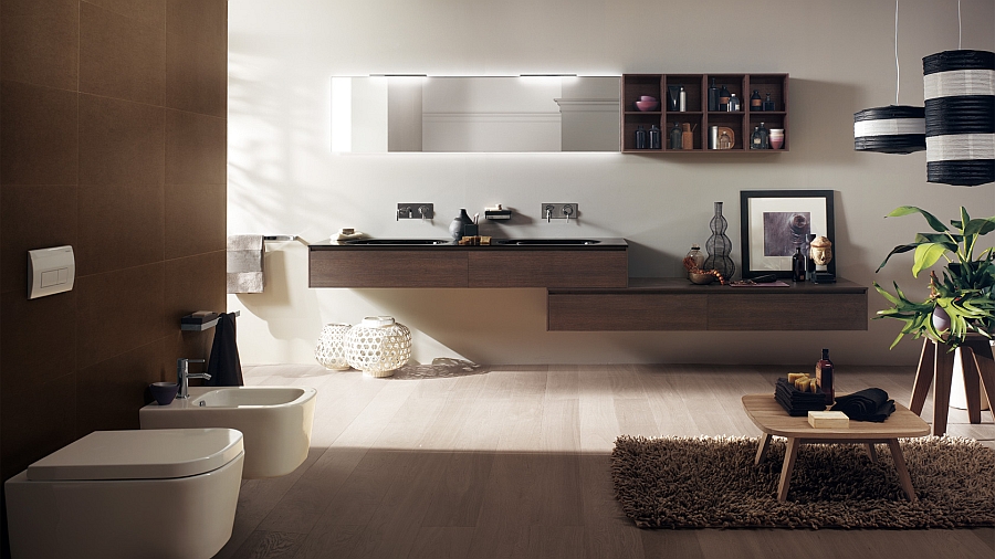 Lovely bathroom floating vanity and sinks in oak