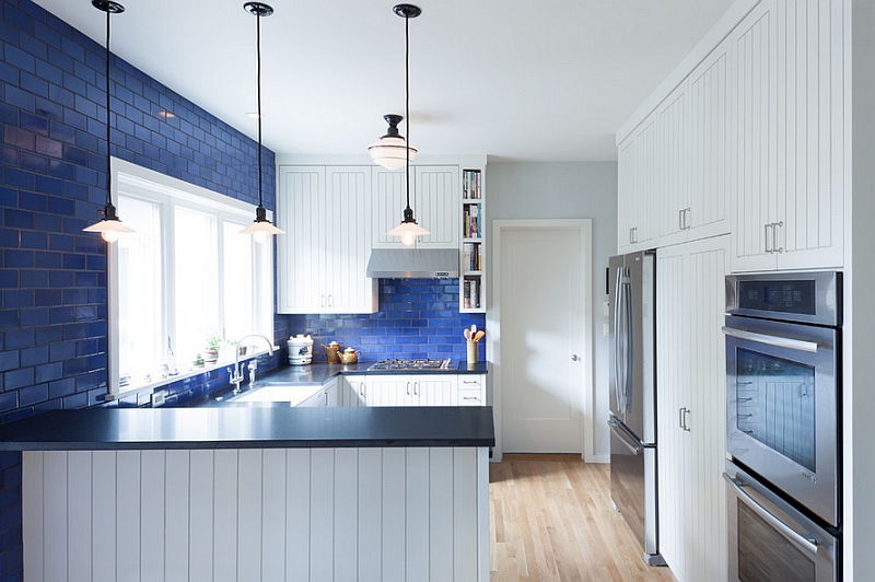 Lovely blue cobalt glass adds color to the kitchen