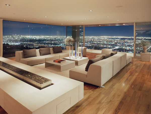 Modern living room with a city view