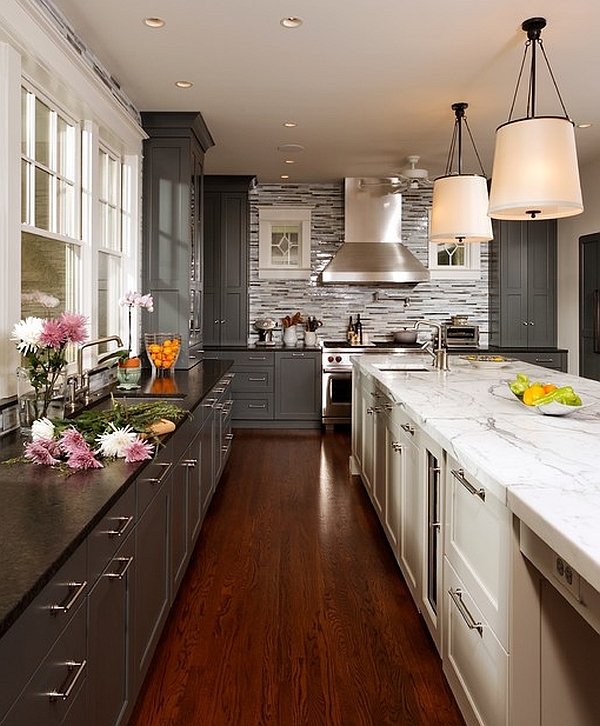 Notice the contrast between the workstation and the kitchen island