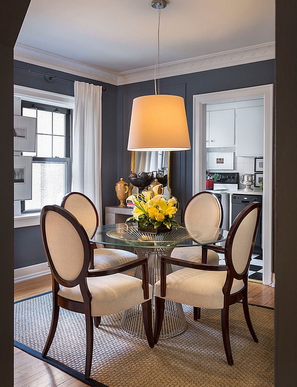 Oversized pendant light used above the Platner table