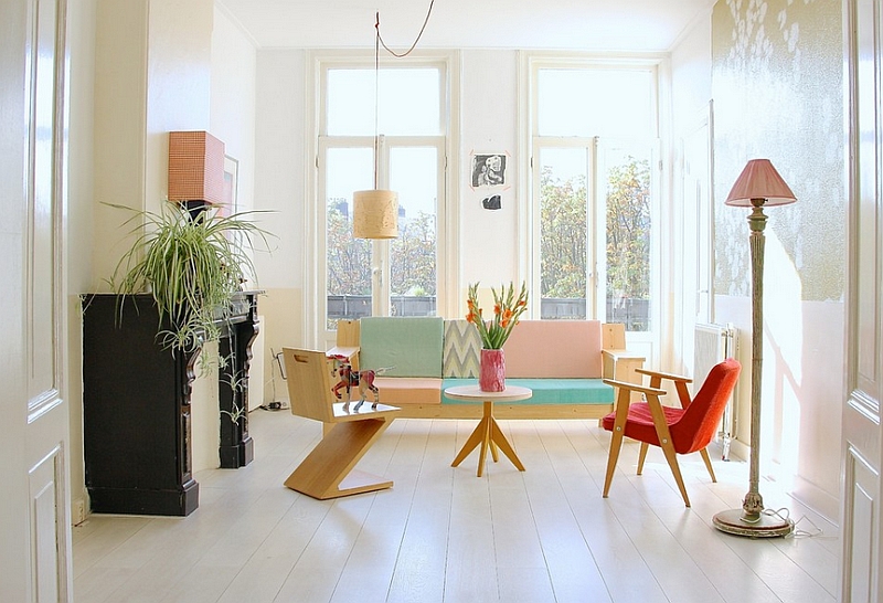 Pastel shades sofa in white living room