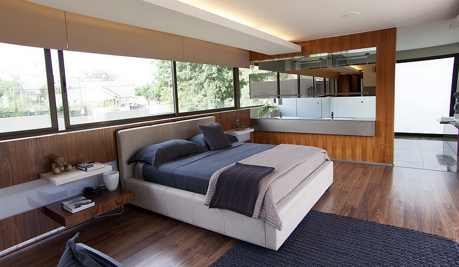 Plush bedroom with floating bedside shelves