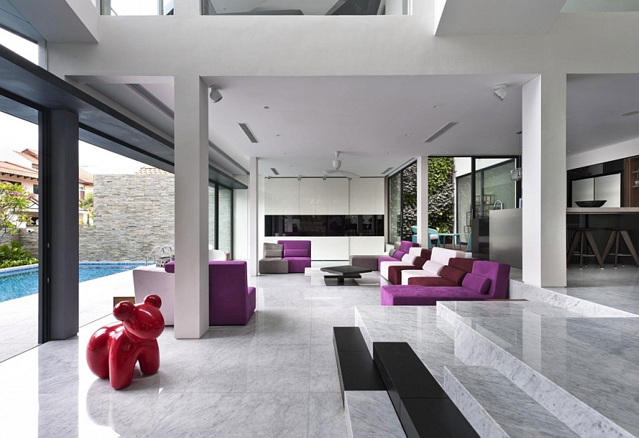 Plush purple accents in the living space