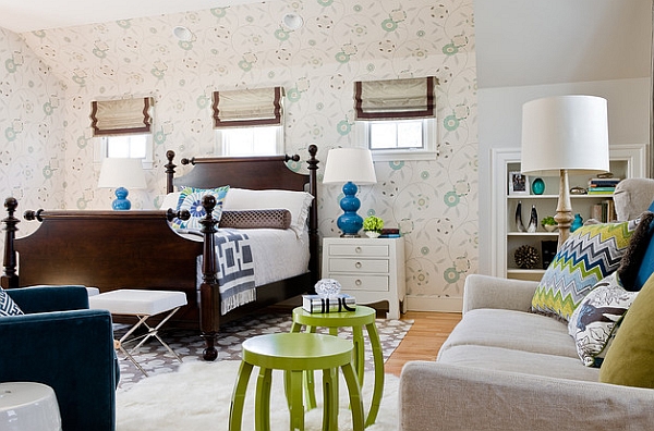 Pops of bright blue and lime green enliven the room