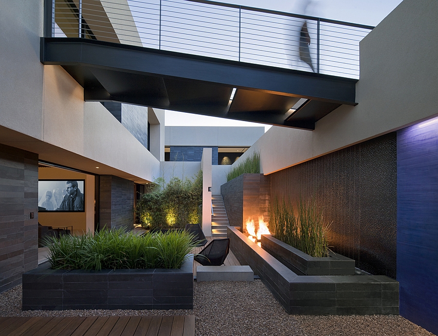 Private courtyard with a fireplace