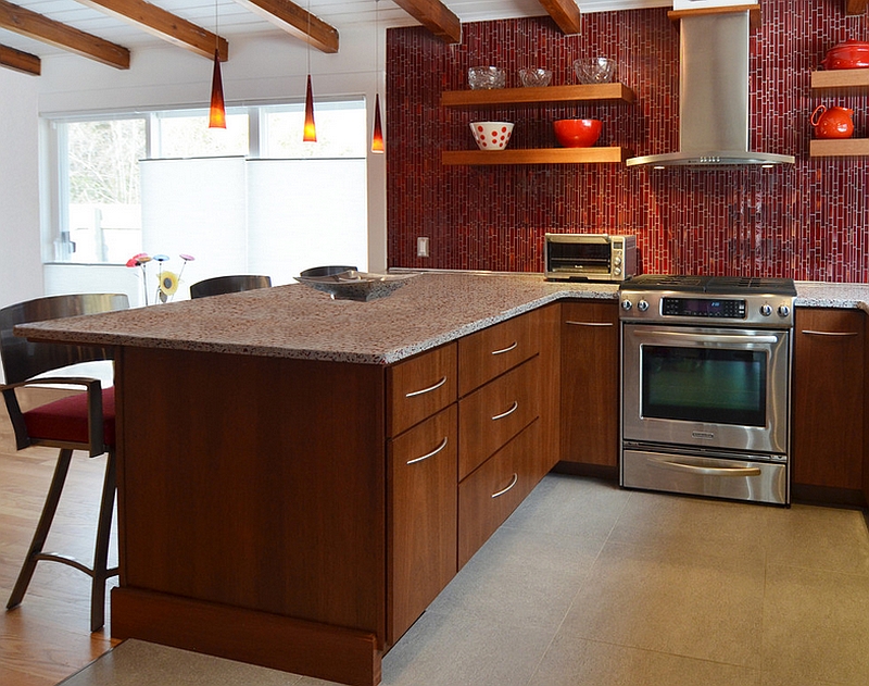 Ravishing red kitchen backsplash that gives a stained glass panel effect