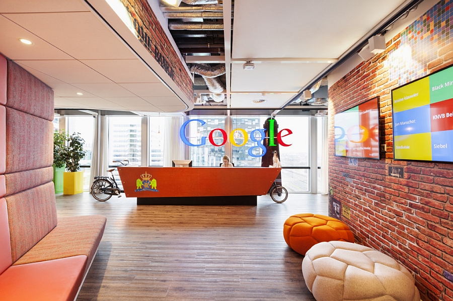 Reception desk with Dutch royal family's coat of arms at Google Amsterdam's Headquarters