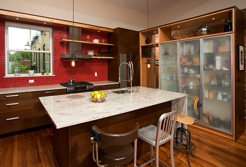 Red backsplash with thick grout lines that stand out