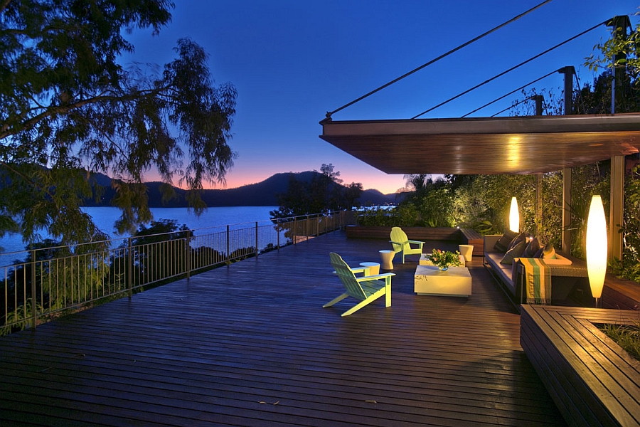 Sculptural lighting on the wooden deck