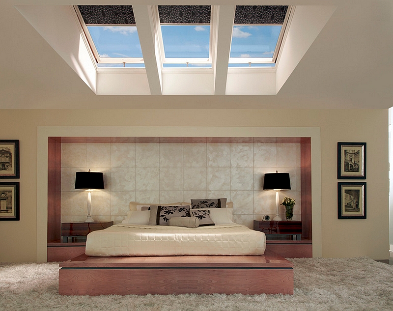 Skylights and pretty pink enliven the chic Asian style bedroom