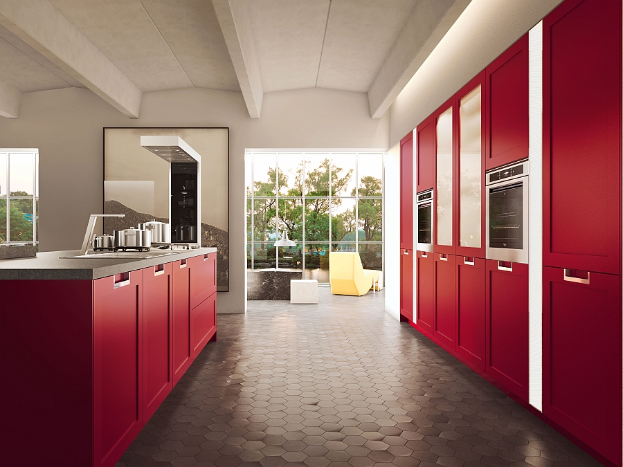 Sleek shelves in kitchen in red