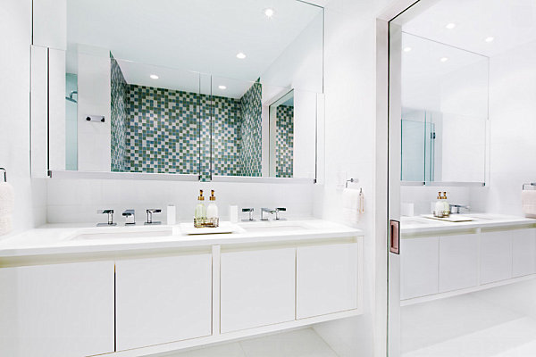 Sliding closet doors in a contemporary bathroom